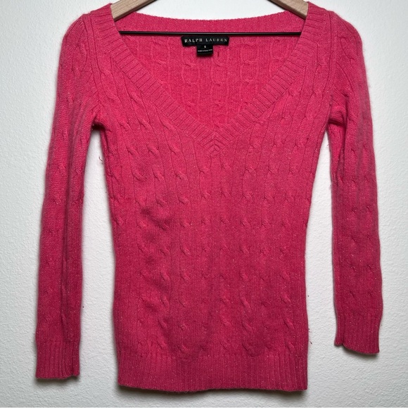 Ralph Lauren Women 100% Cashmere Cable Knit Sweater Small Pink Preppy‎ Tennis - Picture 1 of 9